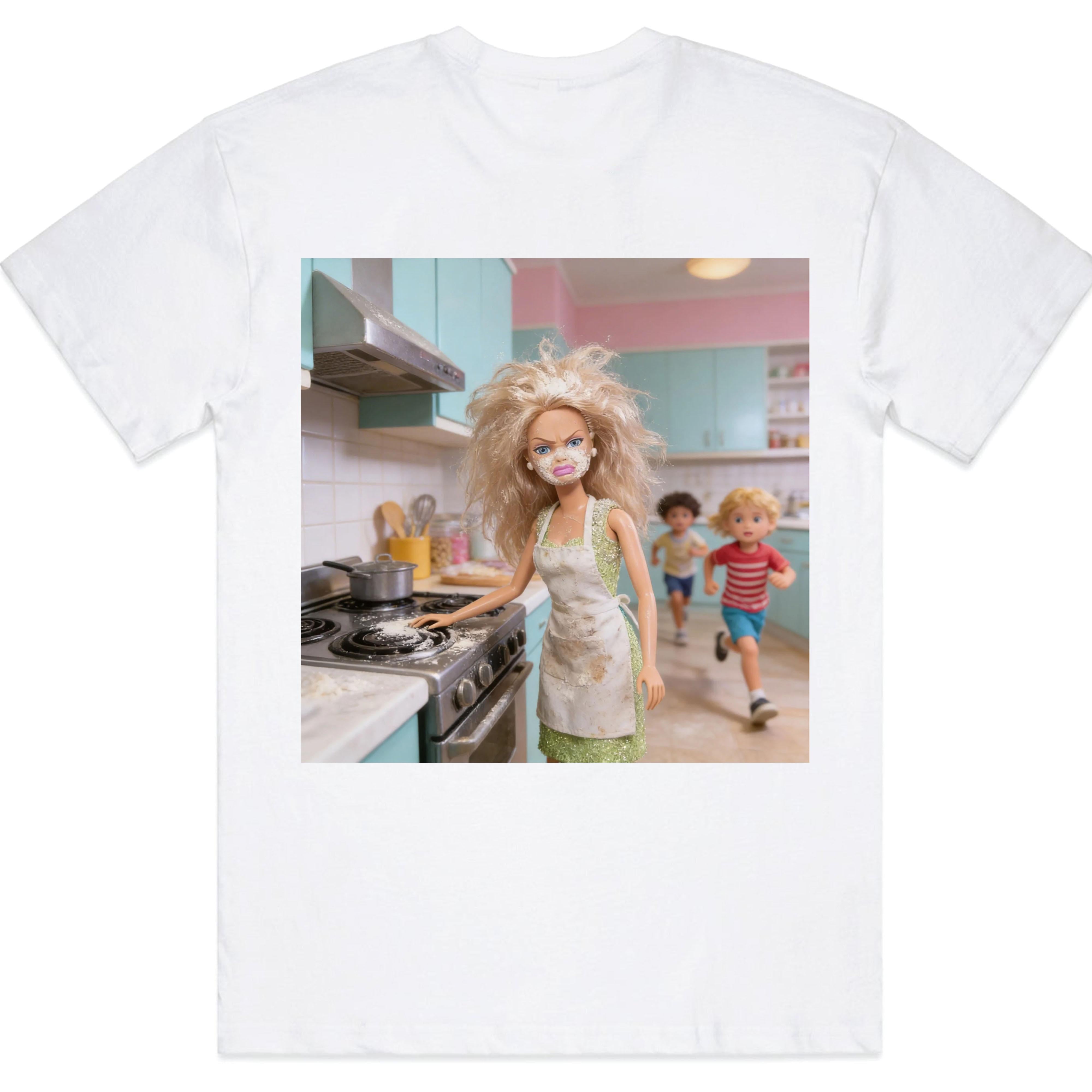 Funny Doll Face Meme Kitchen Scene T-Shirt - Chaotic Cooking Humor Graphic Tee, Unisex Casual Top