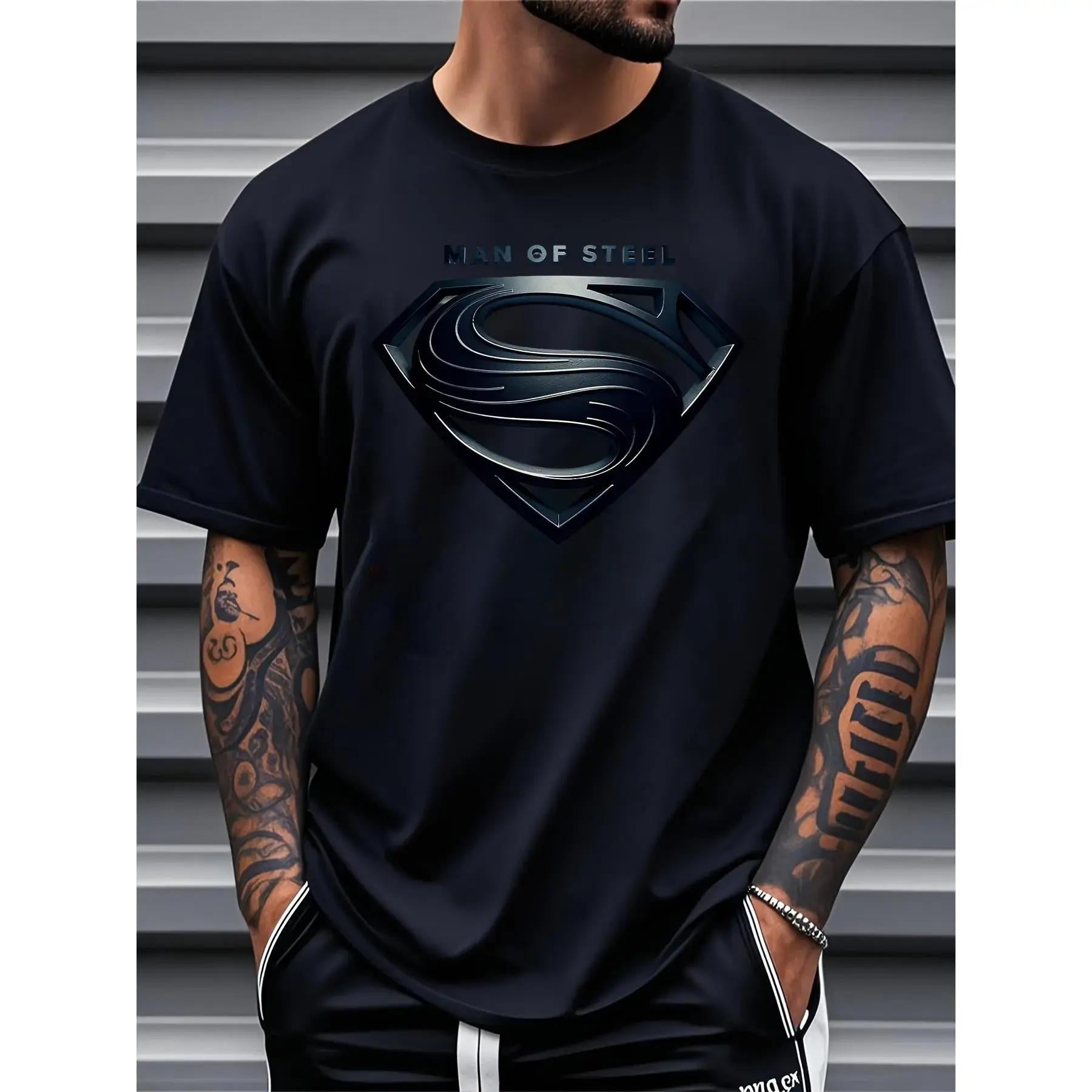 Justice League Men'S Plus Size Casual Crew Neck T-Shirt Man of Steel Graphic Print Short Sleeve Ideal for Spring/Summer Everyday Tshirt | Playful Text Design | Comfortable Fit SIZE S-5XL