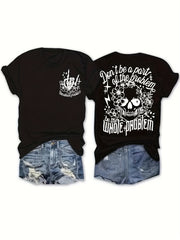 Women's Front & Back Print Graphic T‑Shirt, Gothic Skull Floral Skeleton Hand "Don't Be A Part Of The Problem Be The Whole Problem" Crew Neck Short Sleeve Tee