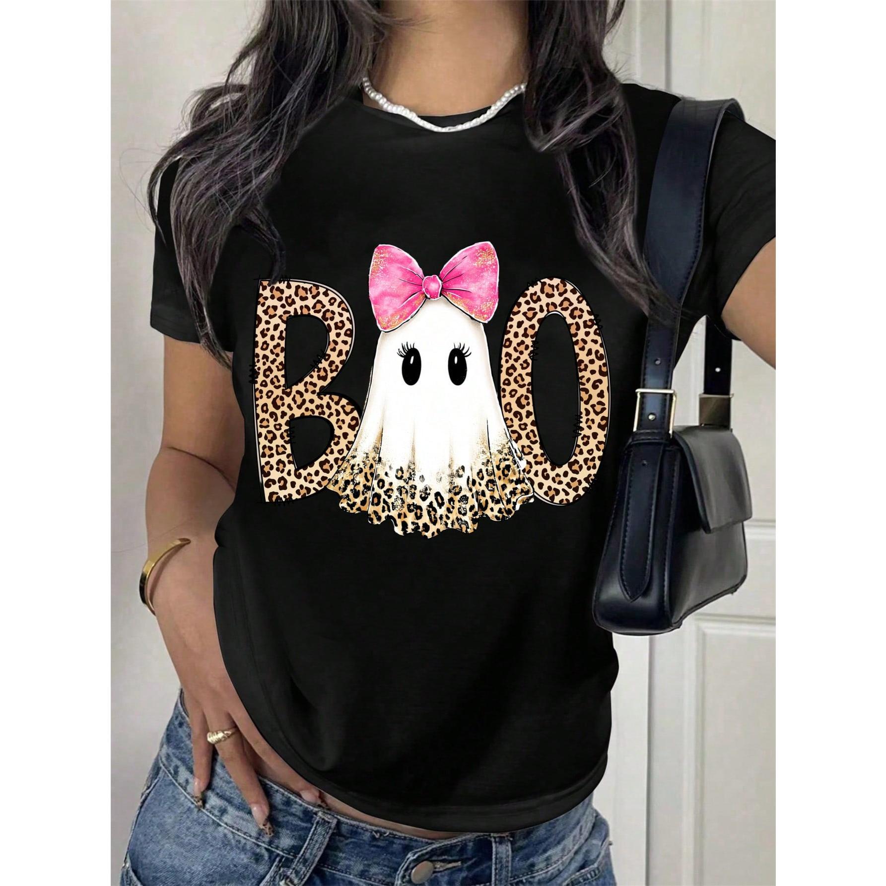 Women Short Sleeve T Shirt Black Leopard Print Boo Ghost With Pink Bow Halloween Party Top