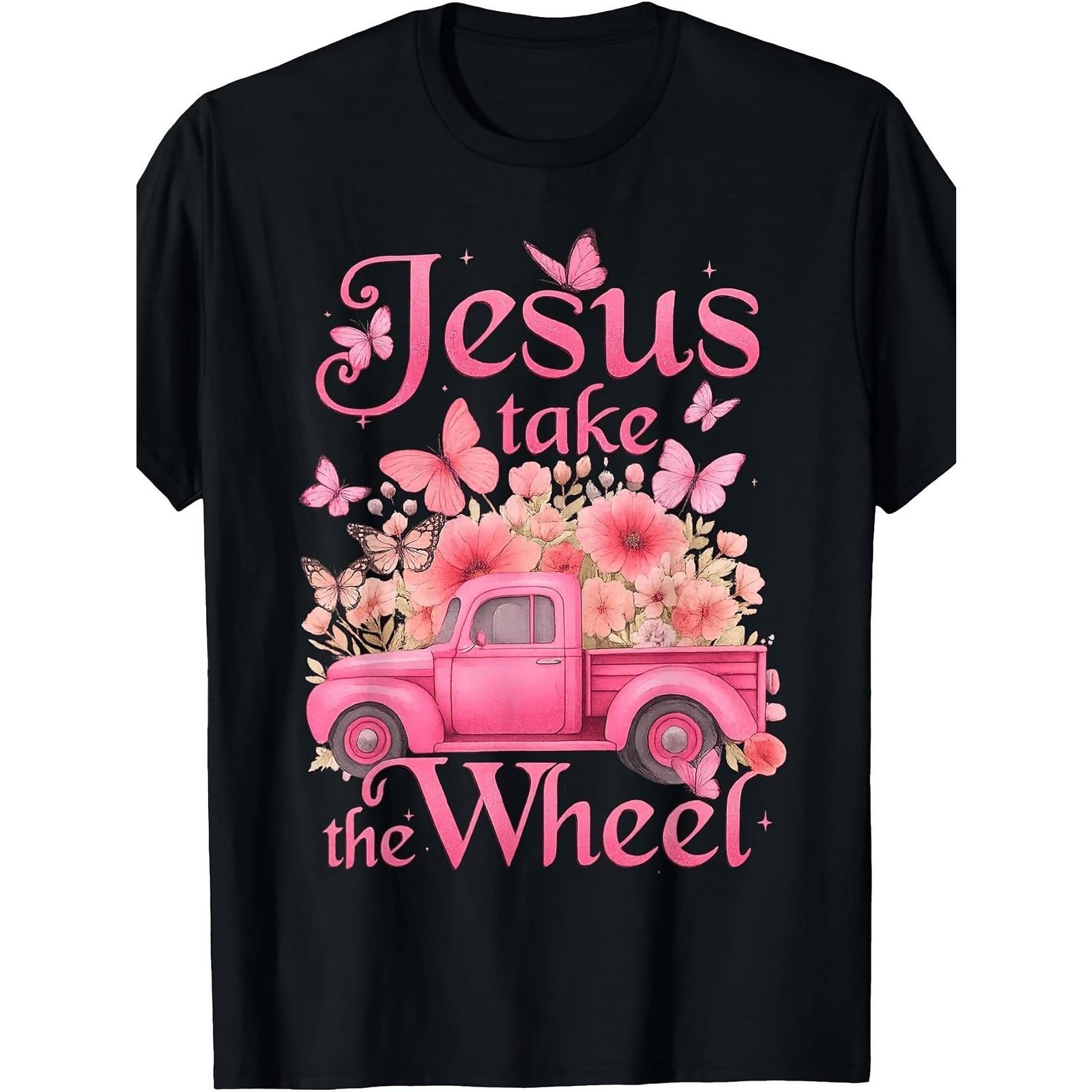 Vintage Jesus Take The Wheel Pink Floral Truck Butterfly Christian T-Shirt Trust God Scripture Graphic Tee Summer Casual Unisex Gift for Mom Her
