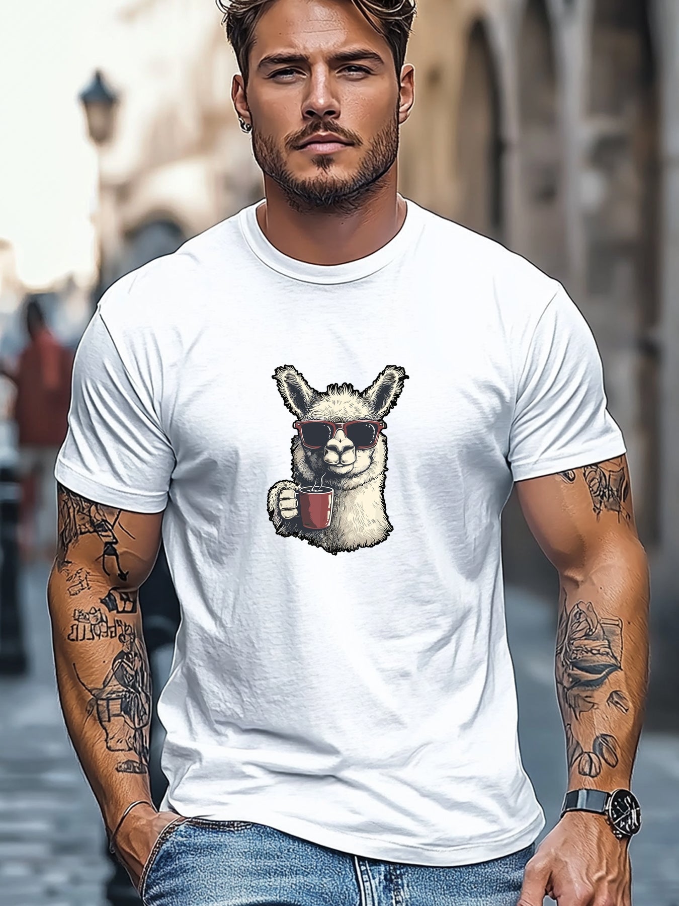 Men'S Sunglasses And Coffee Drinking Alpaca Pattern Summer Casual Round Neck Short Sleeve T-Shirt
