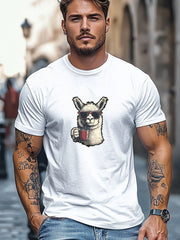 Men'S Sunglasses And Coffee Drinking Alpaca Pattern Summer Casual Round Neck Short Sleeve T-Shirt