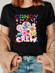 Candy Printed Crewneck T-shirt, Casual Everyday Top tshirt