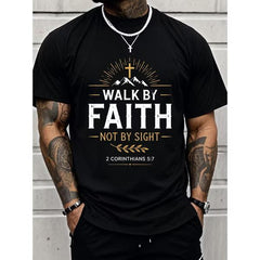Men's Christian Faith Graphic T-Shirt, Walk By Faith Not By Sight Scripture Tee, Inspirational Religious Short Sleeve Crewneck Shirt