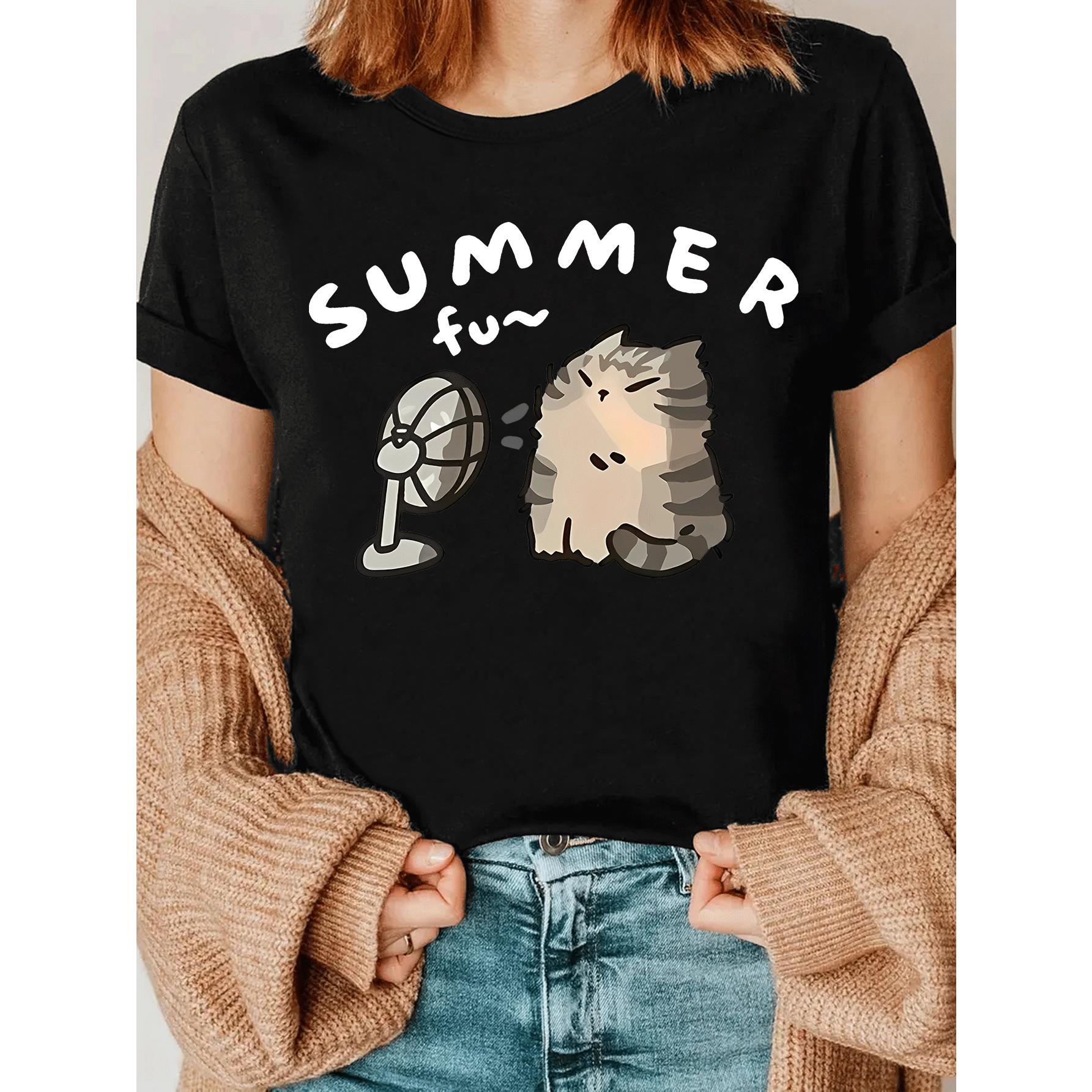 Lazy Fluffy Cat with Fan Summer Cartoon Print Crew Neck T-Shirt, Kawaii Casual Top, Trendy Gift for Cat-Loving, Breathable Summer Apparel, Ideal for Shopping, Home Relax & Vacation Looks