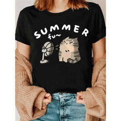 Lazy Fluffy Cat with Fan Summer Cartoon Print Crew Neck T-Shirt, Kawaii Casual Top, Trendy Gift for Cat-Loving, Breathable Summer Apparel, Ideal for Shopping, Home Relax & Vacation Looks