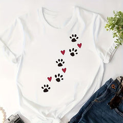 Women’s Paw Print Heart Graphic Tee, Crew Neck Short Sleeve Casual Dog Lover Summer T‑Shirt Top