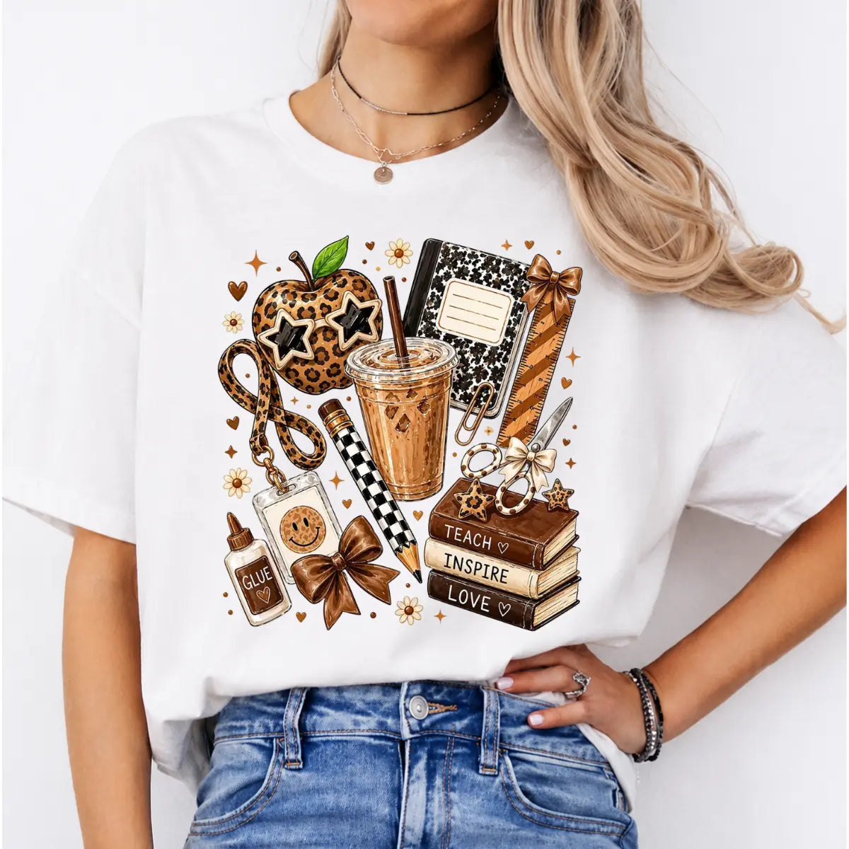 Leopard Teacher Shirt, Cute Teach Inspire Love Graphic Tee, Back to School Teacher Gift, Trendy Teacher Tee