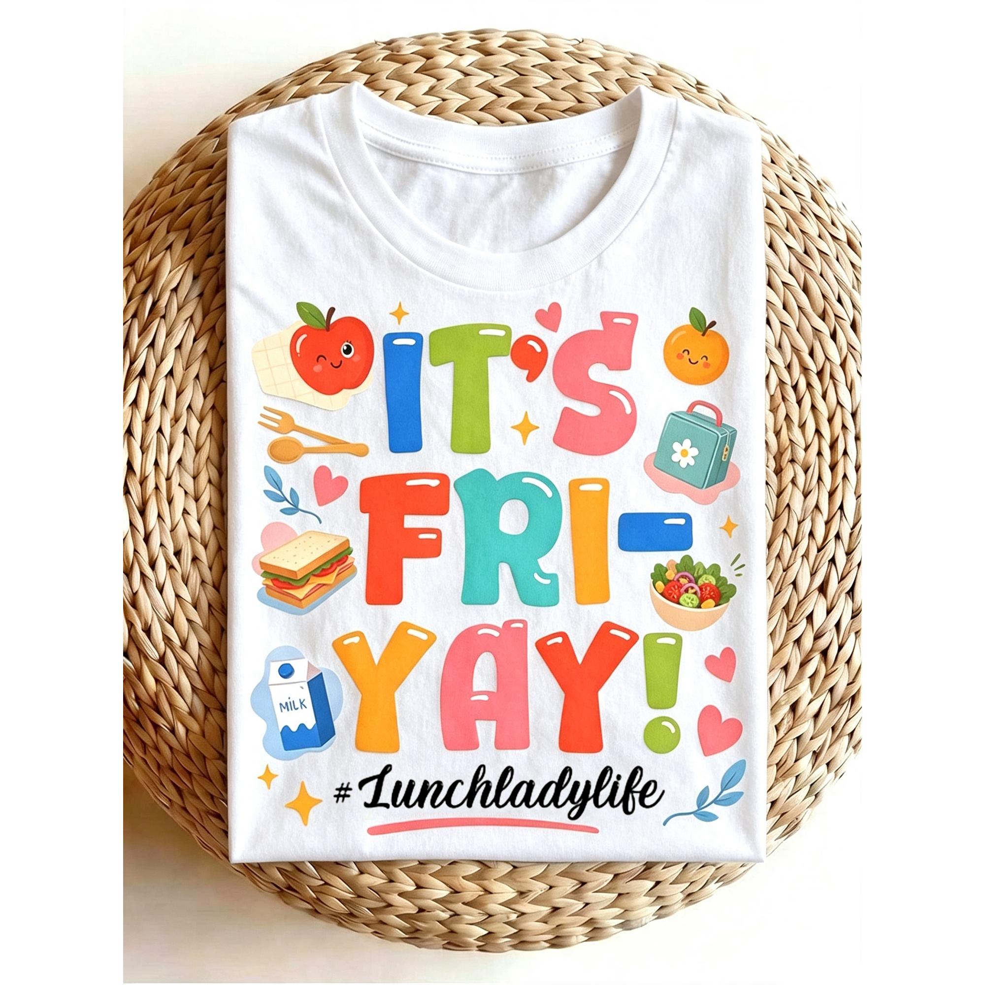 “Happy FriYay” Lunch Lady Life Tee – Funny Vintage Graphic Shirt for Men Women, Unisex Retro Casual Crewneck