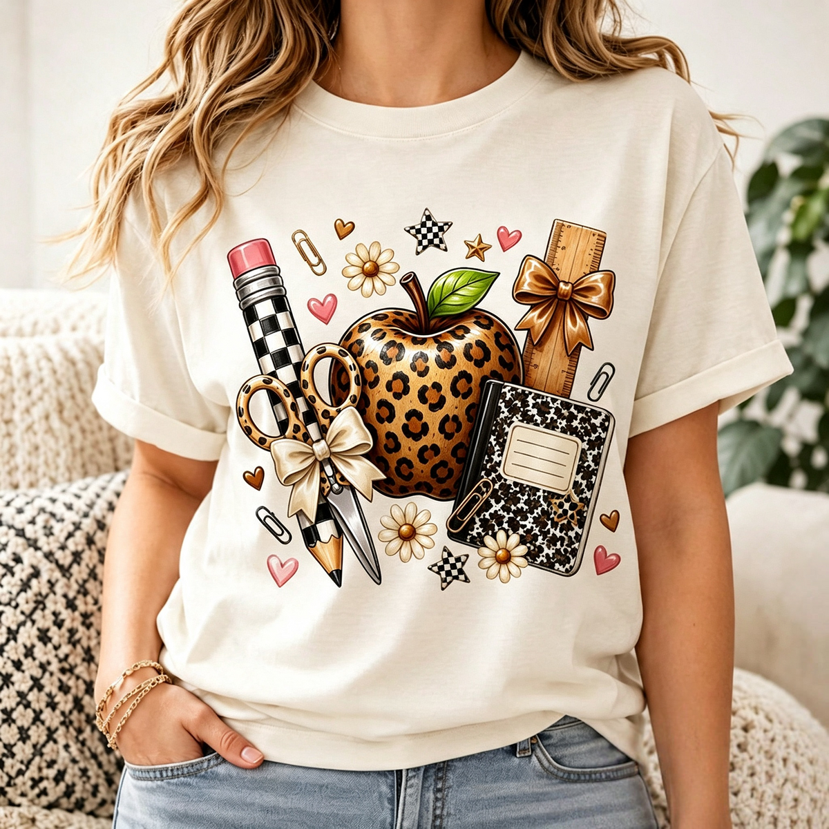 Teacher Leopard Apple School Supply Graphic T‑Shirt for Women, Back to School Casual Short Sleeve Educator Gift Tee