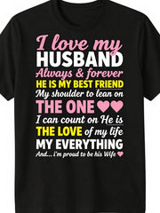 I Love My Husband Graphic Tee for Women, Romantic Quote Short Sleeve T-Shirt, Cute Love Heart Print Casual Crew Neck Top for Anniversary Birthday Wife Gift