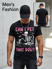 Can I Pet That Dog Funny Halloween Skeleton Graphic Tee for Men Women, Cute Spooky Dog Humor Short Sleeve T-Shirt, Casual Crew Neck Top for Pet Lover Gift