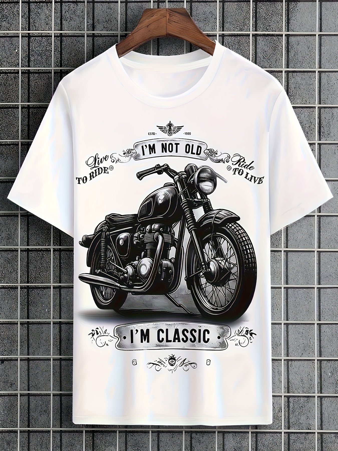 Summer Casual Men's Short Sleeve Tees Vintage Style Motorcycle Print and "I'M NOT OLD I'M CLASSIC" Graphic Tshirt Menwear