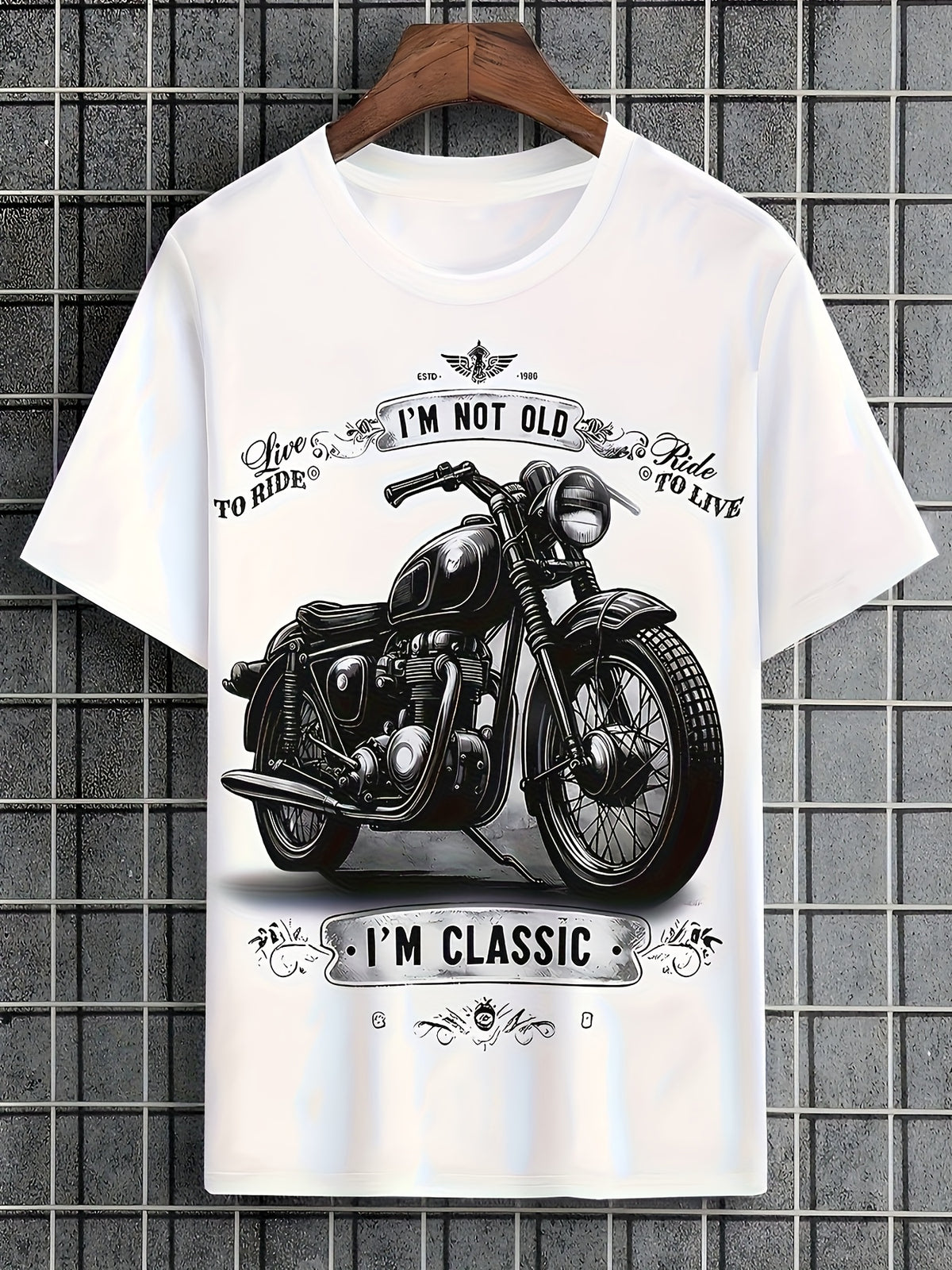 Summer Casual Men's Short Sleeve Tees Vintage Style Motorcycle Print and "I'M NOT OLD I'M CLASSIC" Graphic Tshirt Menwear