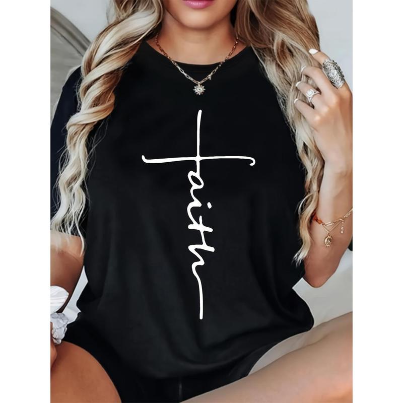 Womens FAITH Print Loose Oversized T-Shirt For Women - Casual Polyester Knit Fabric With Round Neckline, All-Season Comfort, Festive Holiday Top, 1pc