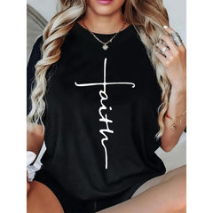 Womens FAITH Print Loose Oversized T-Shirt For Women - Casual Polyester Knit Fabric With Round Neckline, All-Season Comfort, Festive Holiday Top, 1pc