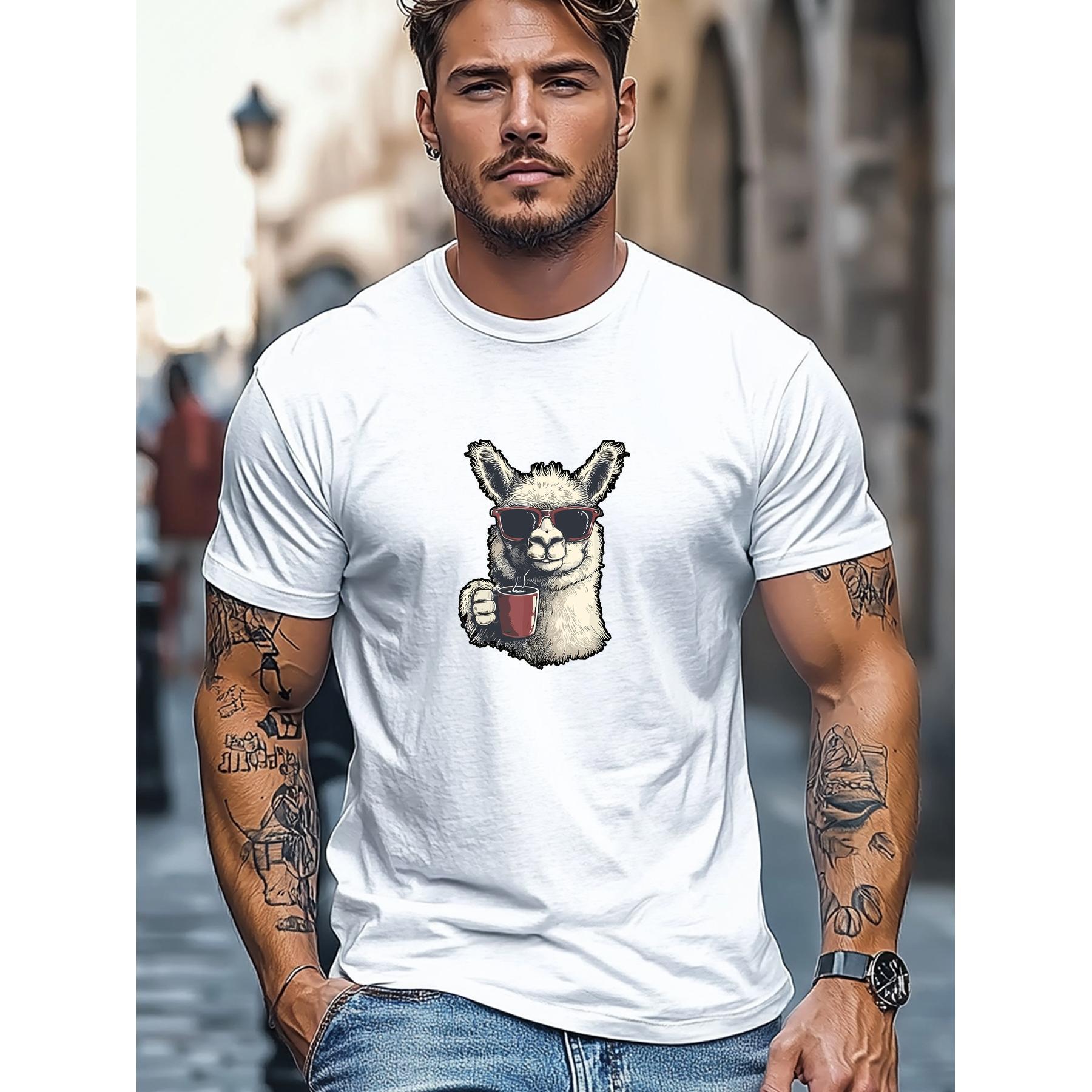 Men'S T-Shirt Men'S Sunglasses And Coffee Drinking Alpaca Pattern Summer Casual Round Neck Short Sleeve T-Shirt