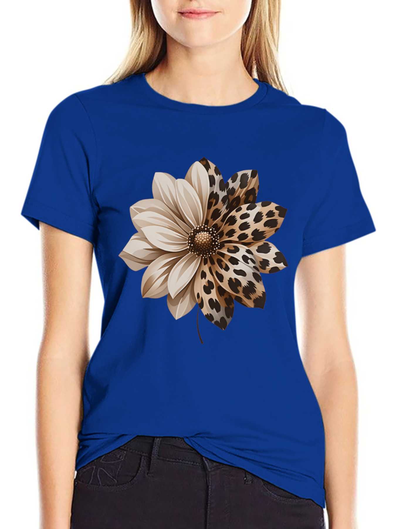 Women'S Elegant Style Plus Size Short Sleeve, Half Leopard Print Half Solid Dahlia Pattern Round Neck Comfortable