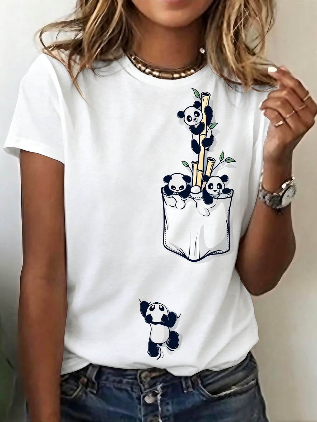 Cute Panda Print Graphic Crew Neck  T-Shirt For Women, Loose Casual Short Sleeve Top for Spring & Summer, 100%Cotton Women's Clothing