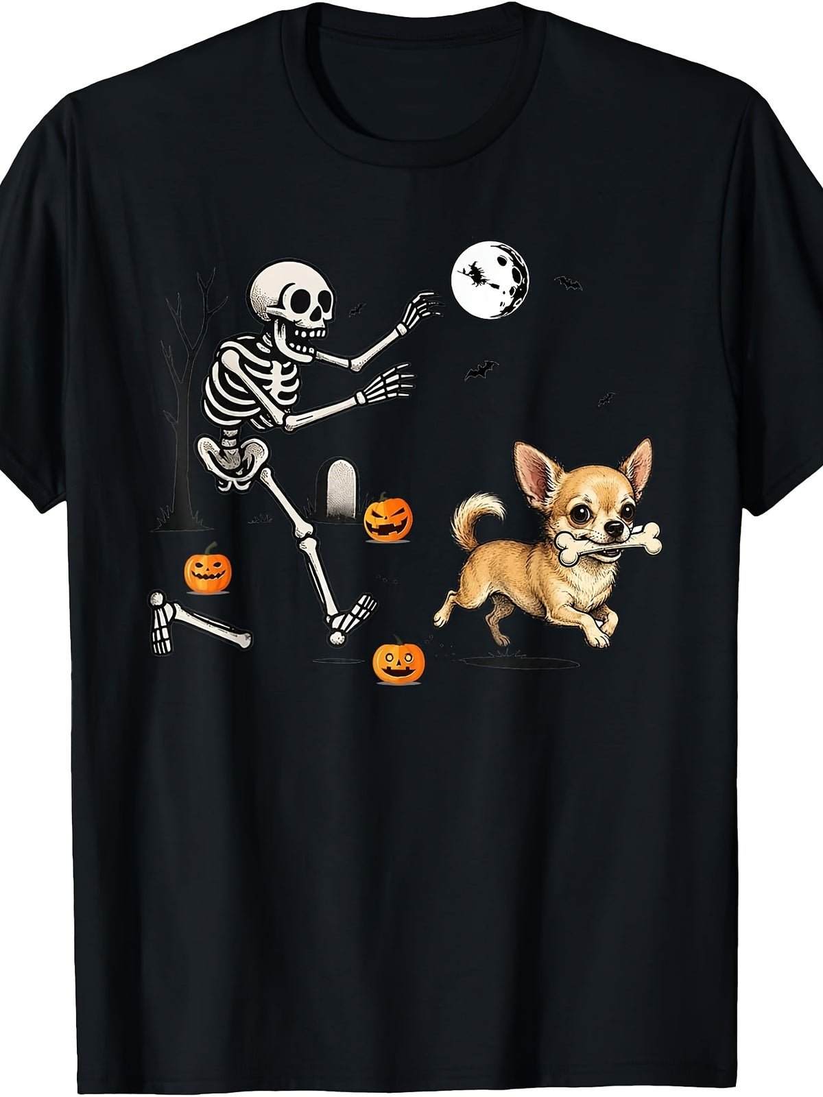 Funny Chihuahua Steals Skeleton Bone Halloween Dog Lover Graphic Tee for Men Women, Cute Trick Or Treat Short Sleeve T-Shirt, Casual Crew Neck Top for Chihuahua Owner Gift