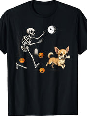 Funny Chihuahua Steals Skeleton Bone Halloween Dog Lover Graphic Tee for Men Women, Cute Trick Or Treat Short Sleeve T-Shirt, Casual Crew Neck Top for Chihuahua Owner Gift