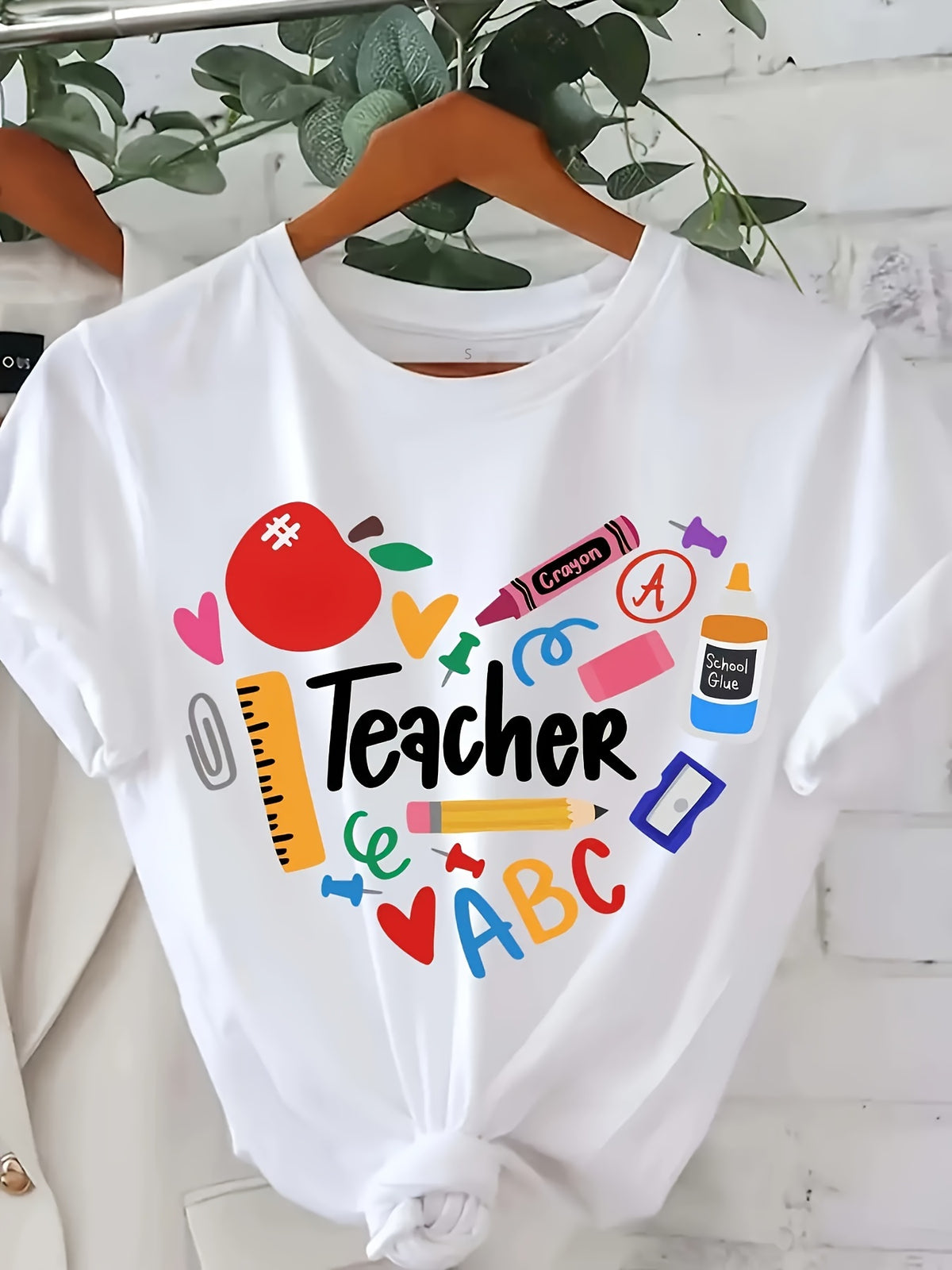 Teacher Print T-shirt, Short Sleeve Crew Neck Casual Top For Summer & Spring, Women's Clothing