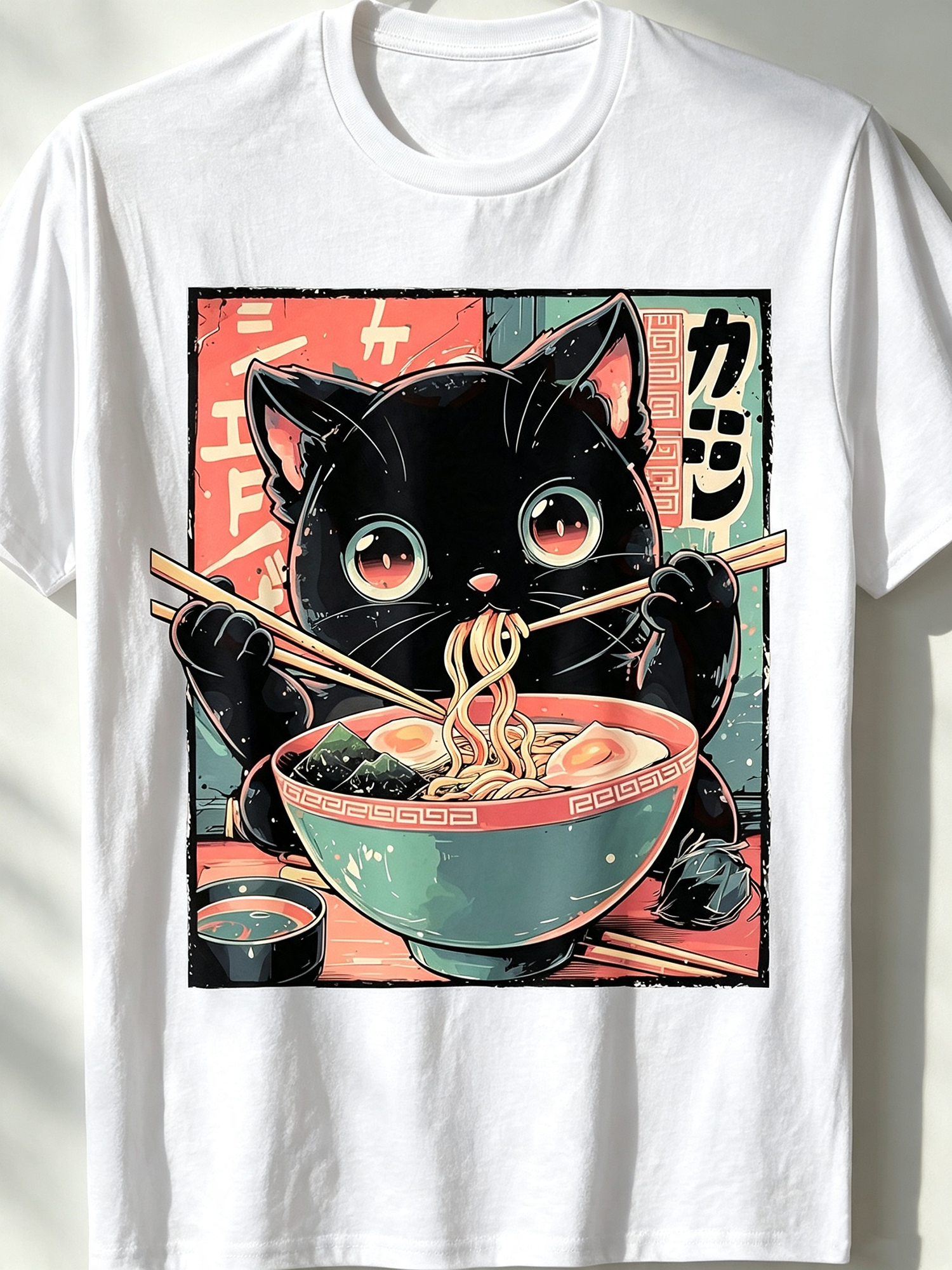Cute Black Cat Eating Ramen Vintage Anime Graphic T-Shirt, Retro Japanese Style Casual Short Sleeve Tee For Cat Lovers Food Lovers Unisex Top