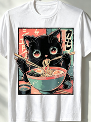 Cute Black Cat Eating Ramen Vintage Anime Graphic T-Shirt, Retro Japanese Style Casual Short Sleeve Tee For Cat Lovers Food Lovers Unisex Top