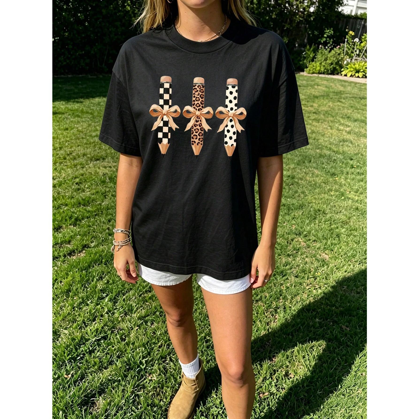 Retro Bow Pencil Graphic Print Short Sleeve T-Shirt Casual Summer Vacation Crew Neck Women Top