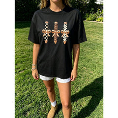 Retro Bow Pencil Graphic Print Short Sleeve T-Shirt Casual Summer Vacation Crew Neck Women Top
