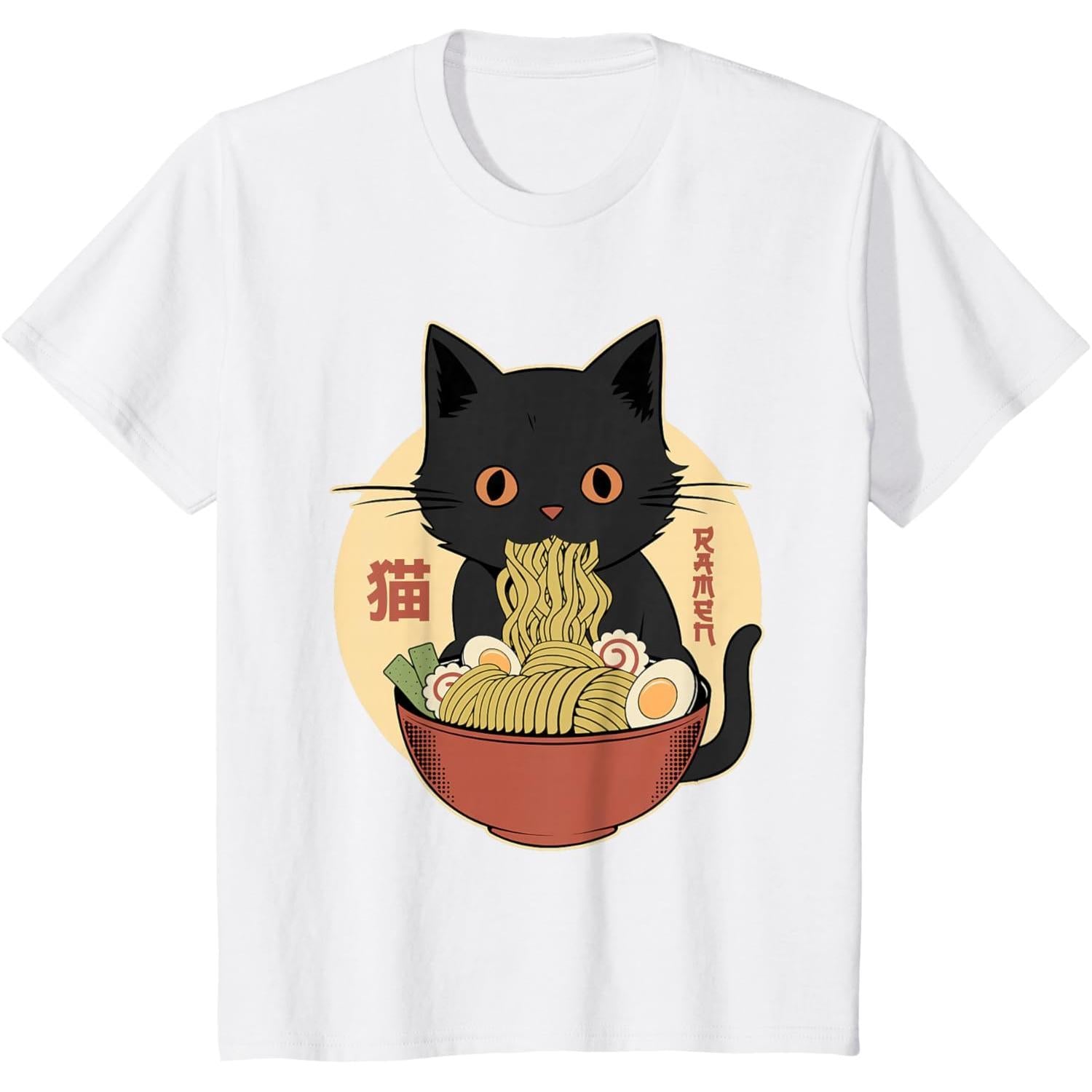 Cat Ramen Funny Graphic Tees Japanese Kawaii Cat Anime T-Shirt