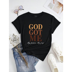 Slogan Graphic Drop Shoulder Tee GOD GOT ME My Peace My Joy Graphic Tees Women Tops