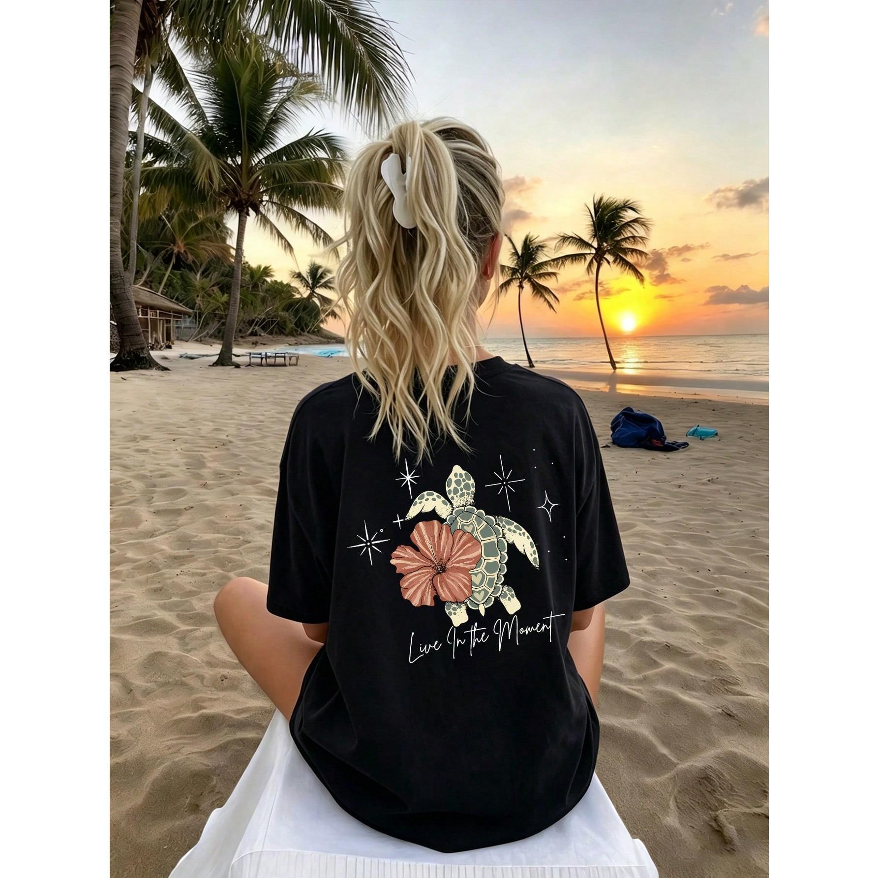 Women's Summer Turtle, Floral & Letter Print Casual Loose Round Neck Beach Vacation T-Shirt White