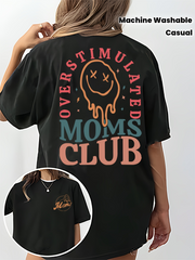 Overstimulated Moms Club Drip Smile Face Double Sided T-Shirt, Vintage Groovy Casual Crewneck Top For Busy Mothers Daily Casual Wear