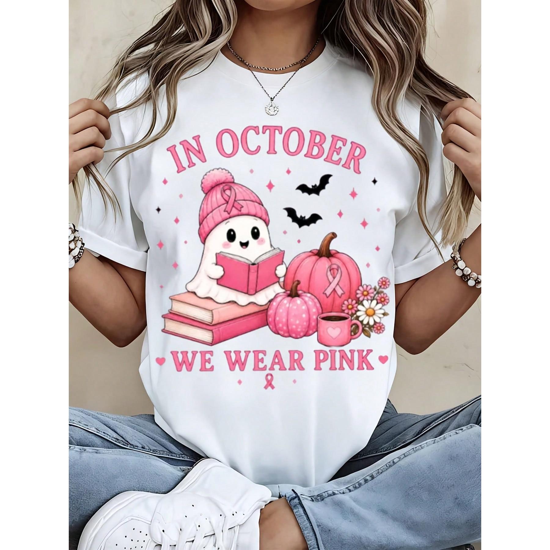 Cute Halloween Breast Cancer Awareness Women T Shirt October We Wear Pink Ghost Pumpkin Reading Book Graphic T-Shirt Autumn Comfortable Top