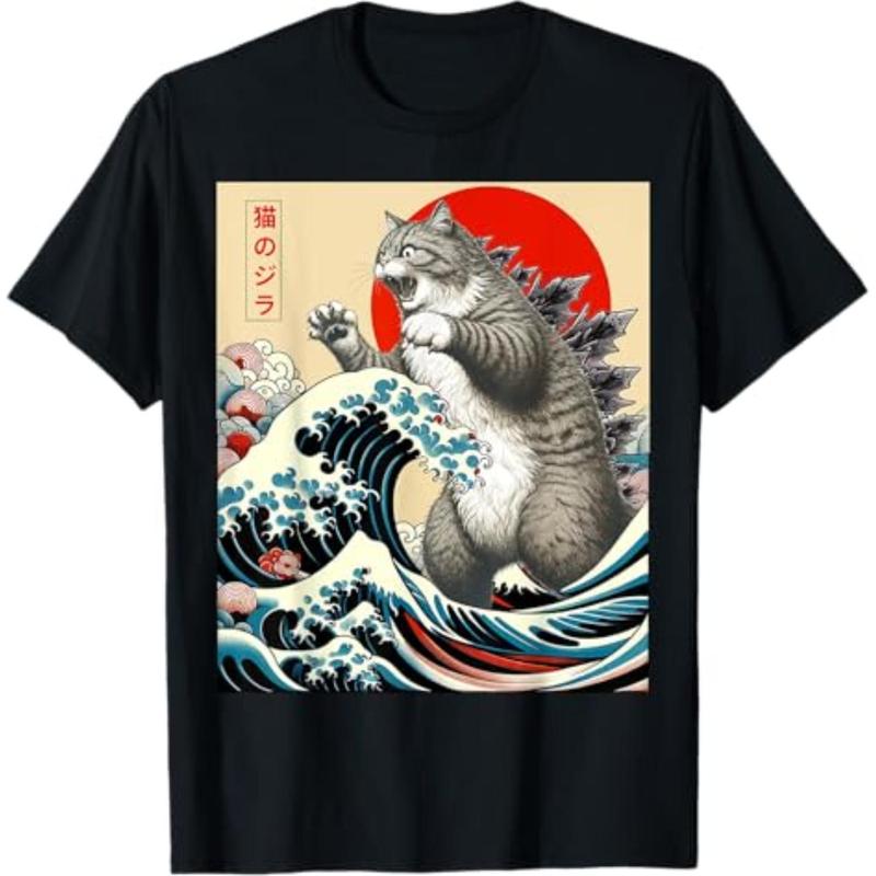Short Sleeve Print Catzilla Cat Japanese Art Funny Cat Gifts For Men Women Kid T-Shirt