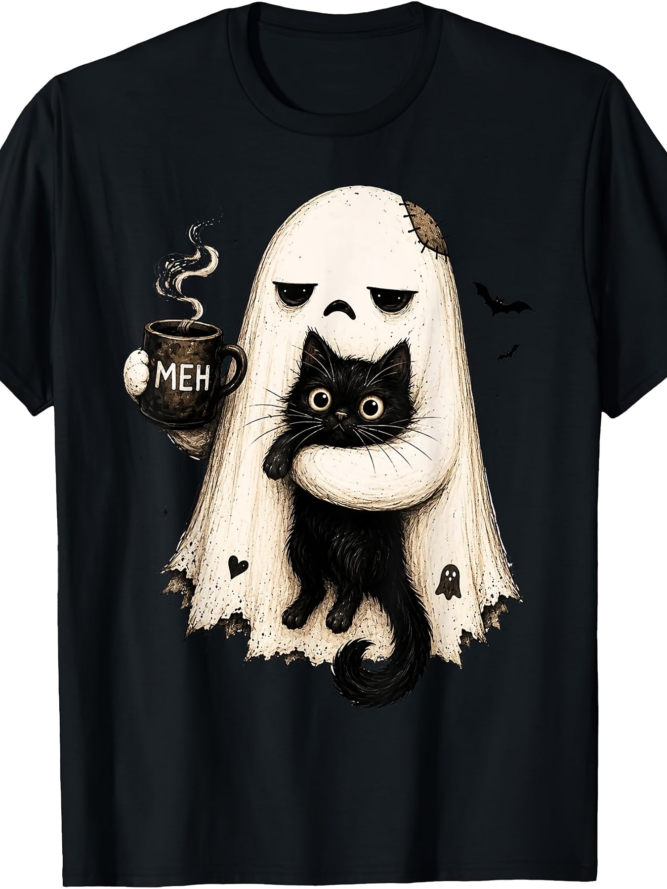 Meh Ghost Holding Black Cat Coffee Lover Funny Halloween Graphic Tee for Men Women, Cute Spooky Cat Short Sleeve T-Shirt, Casual Crew Neck Top for Cat Coffee Lover Gift