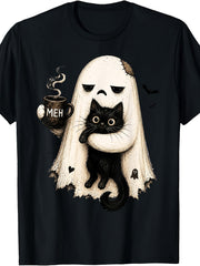 Meh Ghost Holding Black Cat Coffee Lover Funny Halloween Graphic Tee for Men Women, Cute Spooky Cat Short Sleeve T-Shirt, Casual Crew Neck Top for Cat Coffee Lover Gift
