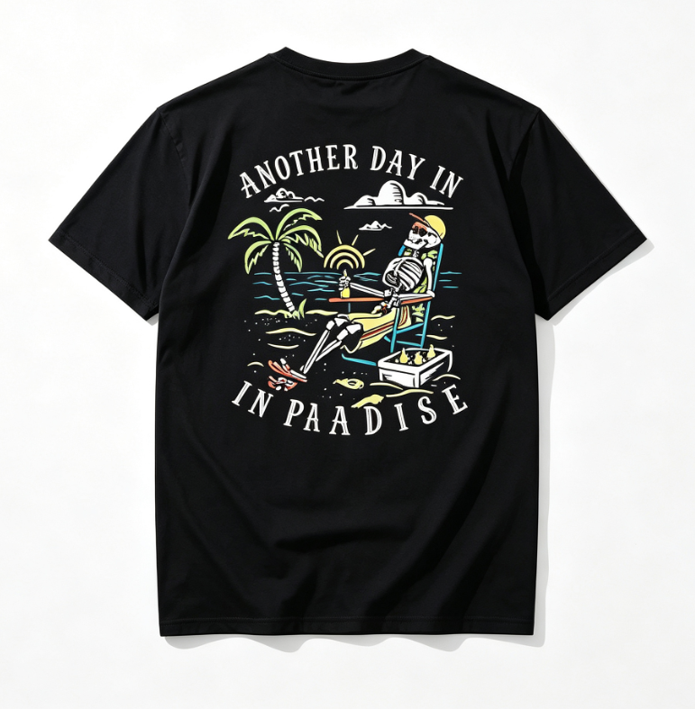 Men's Another Day in Paradise Tropical Beach Graphic T‑Shirt，Retro Skeleton Vacation Short Sleeve Tee, Classic Fit 100% Ringspun Cotton Casual Summer Top