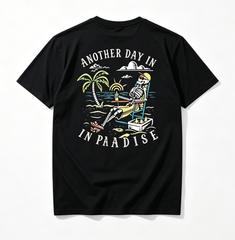 Men's Another Day in Paradise Tropical Beach Graphic T‑Shirt，Retro Skeleton Vacation Short Sleeve Tee, Classic Fit 100% Ringspun Cotton Casual Summer Top