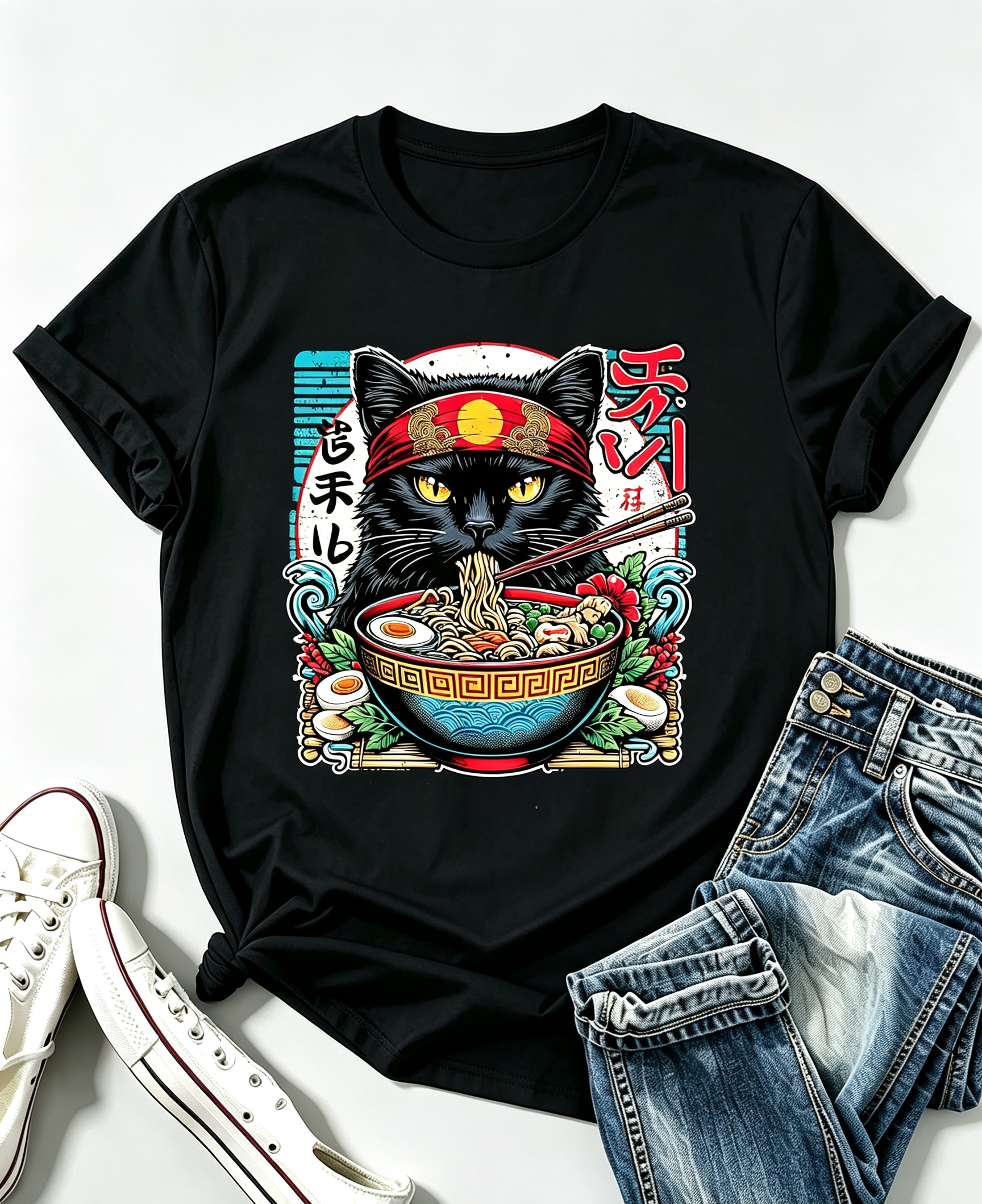 Men's & Women's Japanese Anime Kawaii Cat & Ramen Noodle T-Shirt