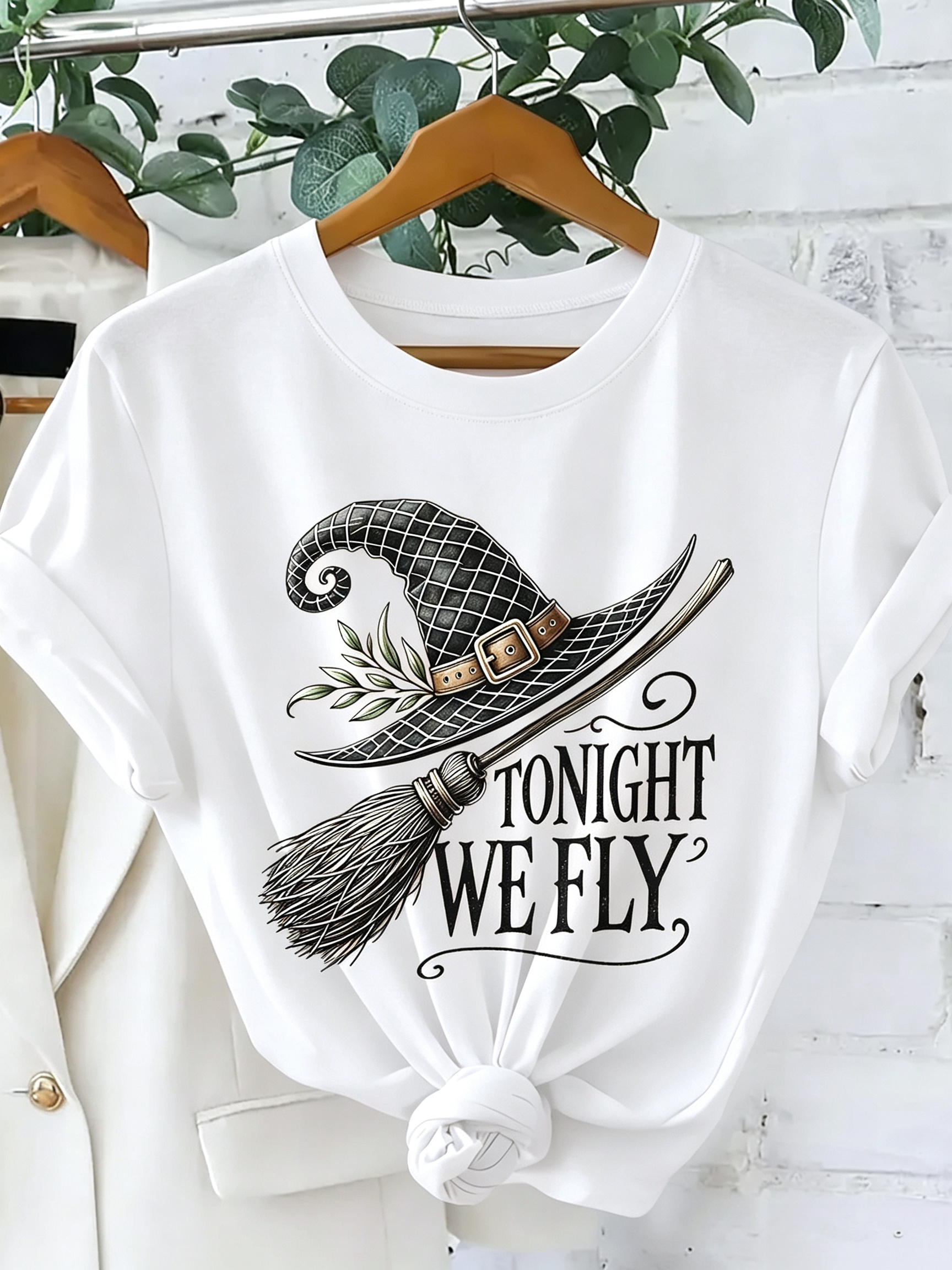Tonight We Fly T-Shirt Witch Hat Broom Halloween Tee Orange Spooky Top