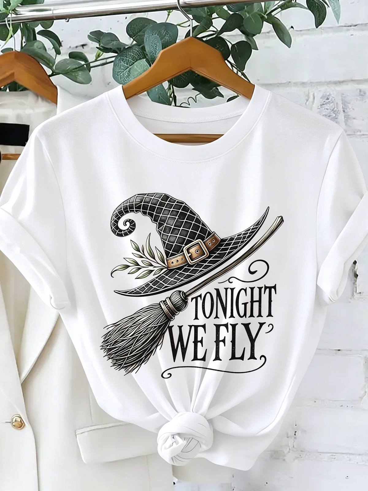 Tonight We Fly T-Shirt Witch Hat Broom Halloween Tee Orange Spooky Top