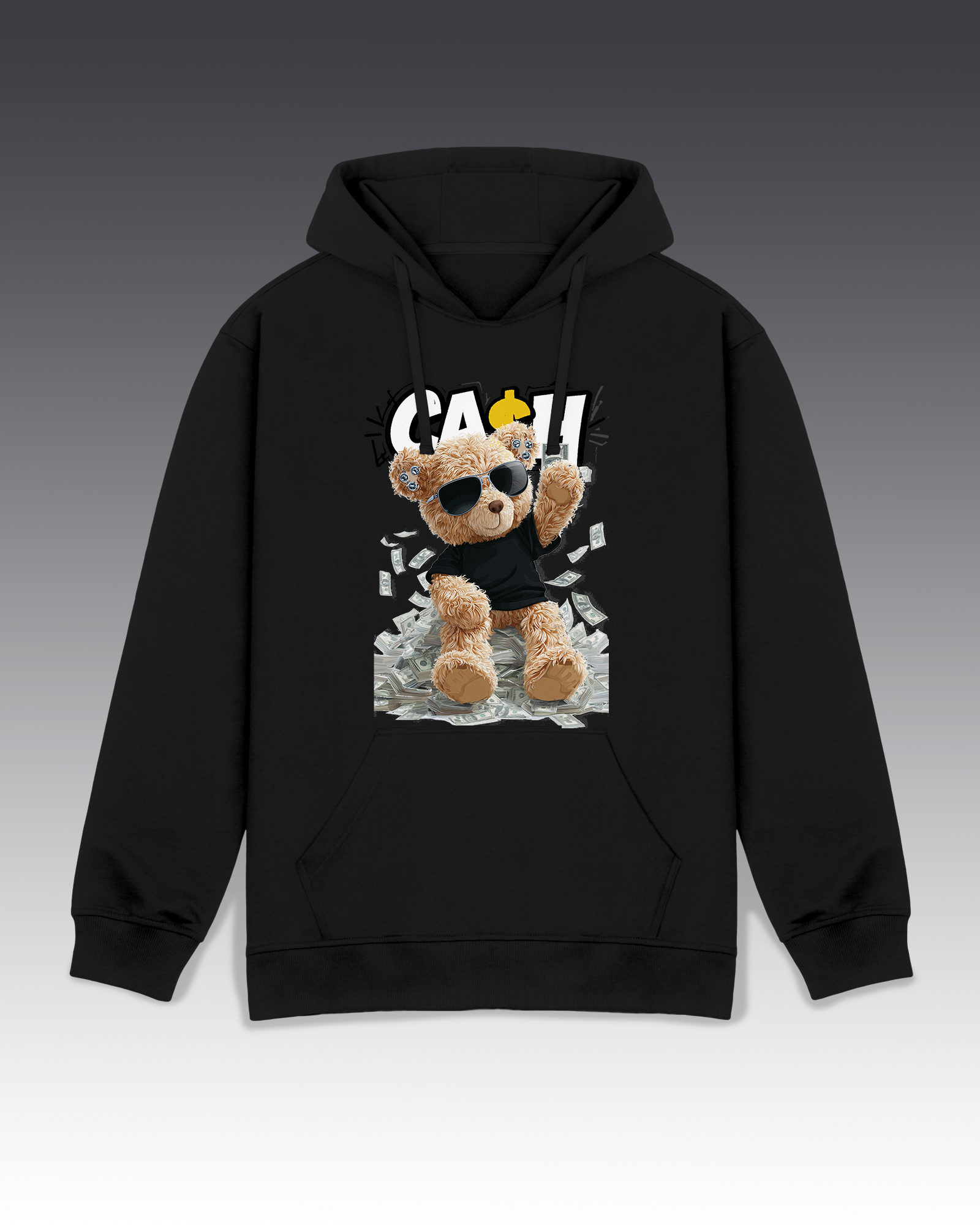 DIYANYONE Original Cool Teddy Bear "CASH KING" Hoodie - Heavyweight Cotton Blend Streetwear Pullover, Anti-Authoritarian "No King in American" Graphic Hoodies