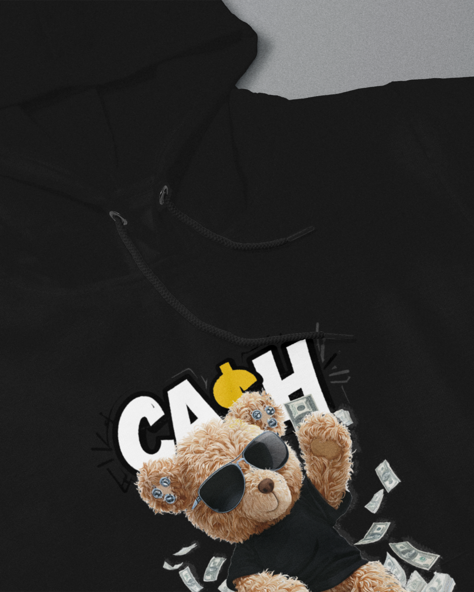 DIYANYONE Original Cool Teddy Bear "CASH KING" Hoodie - Heavyweight Cotton Blend Streetwear Pullover, Anti-Authoritarian "No King in American" Graphic Hoodies