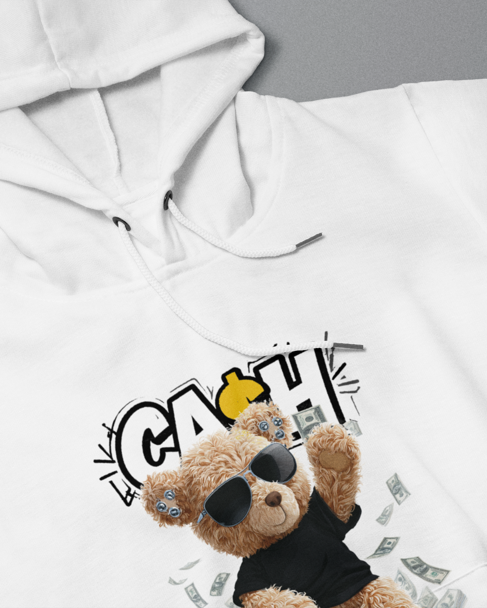 DIYANYONE Original Cool Teddy Bear "CASH KING" Hoodie - Heavyweight Cotton Blend Streetwear Pullover, Anti-Authoritarian "No King in American" Graphic Hoodies