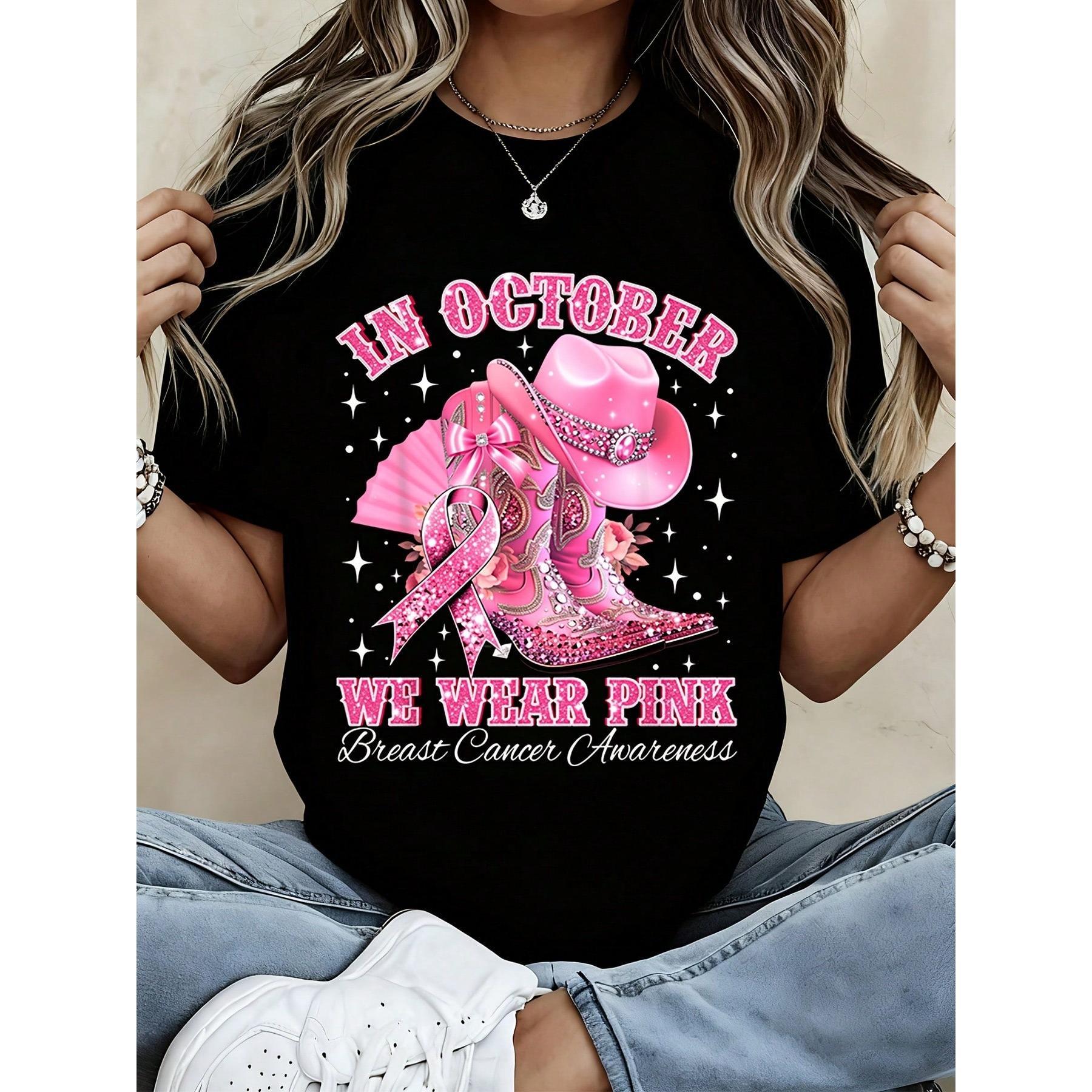 Casual Women Graphic Tee Shirt October We Wear Pink Breast Cancer Awareness Cowboy Boots Hat Print Top For Daily Wear Support