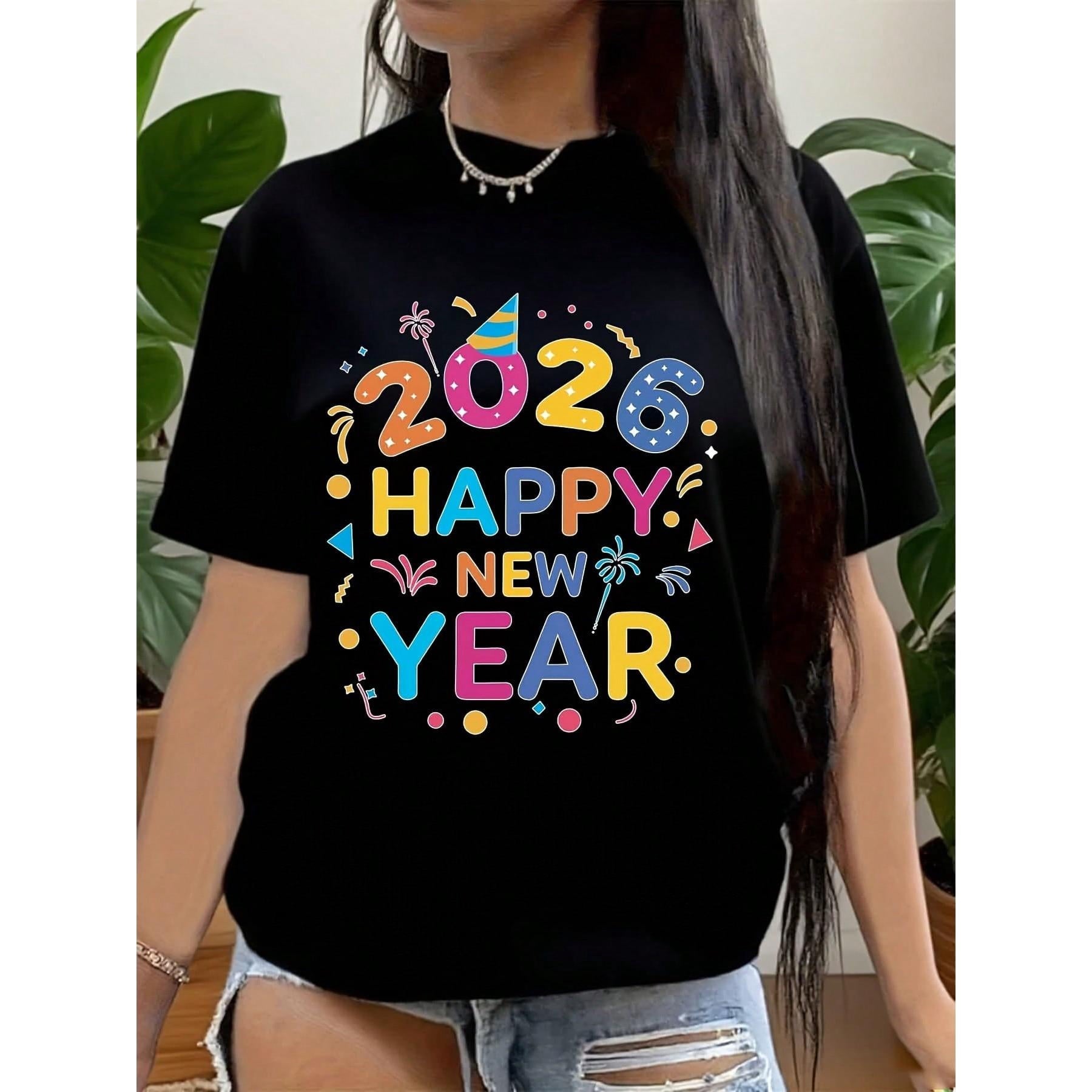 2026 Happy New Year T-Shirt For Women - Colorful Party Celebration Graphic Tee, Festive Holiday Shirt For New Year's Eve 2026,220g
