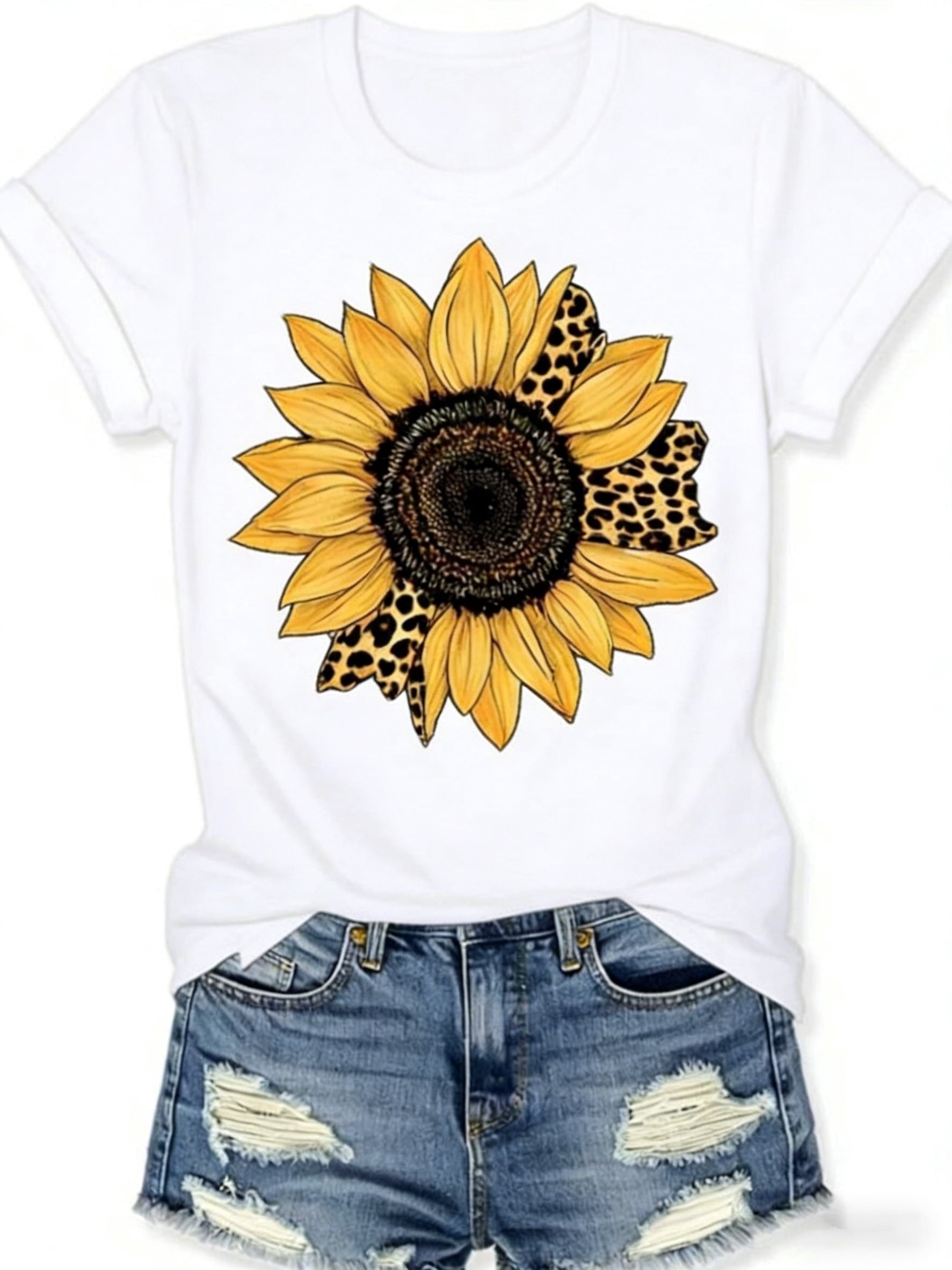 2026 Sunflower Leopard Print T-Shirt for Women, Black Summer Short Sleeve Tee, Casual Crew Neck Top with Cute Floral Animal Pattern Lightweight Breathable for Daily Wear